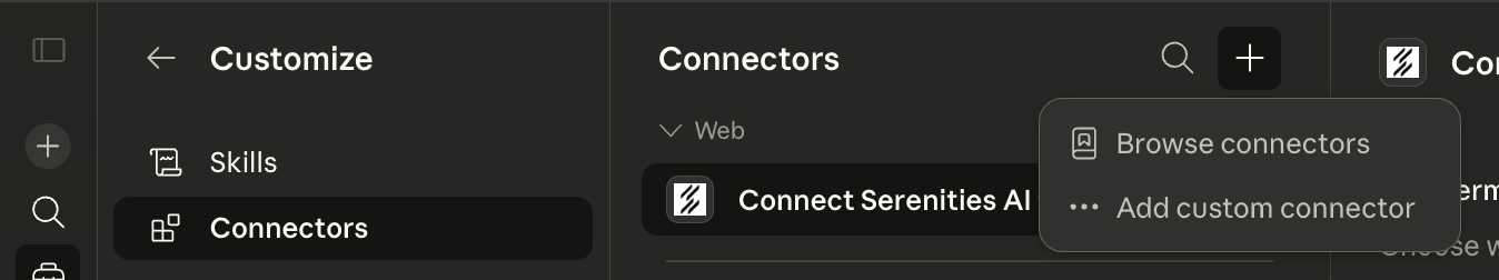 Connectors page showing the + icon dropdown with Browse connectors and Add custom connector options