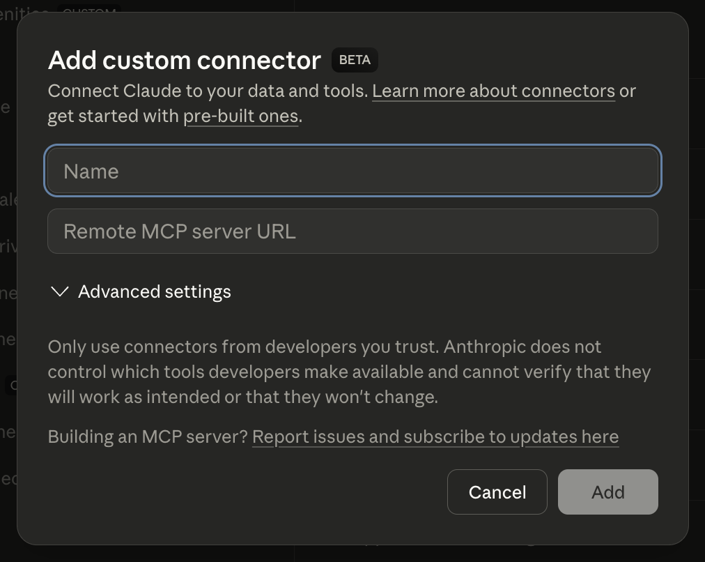 Add custom connector dialog with Name and Remote MCP server URL fields and Add button