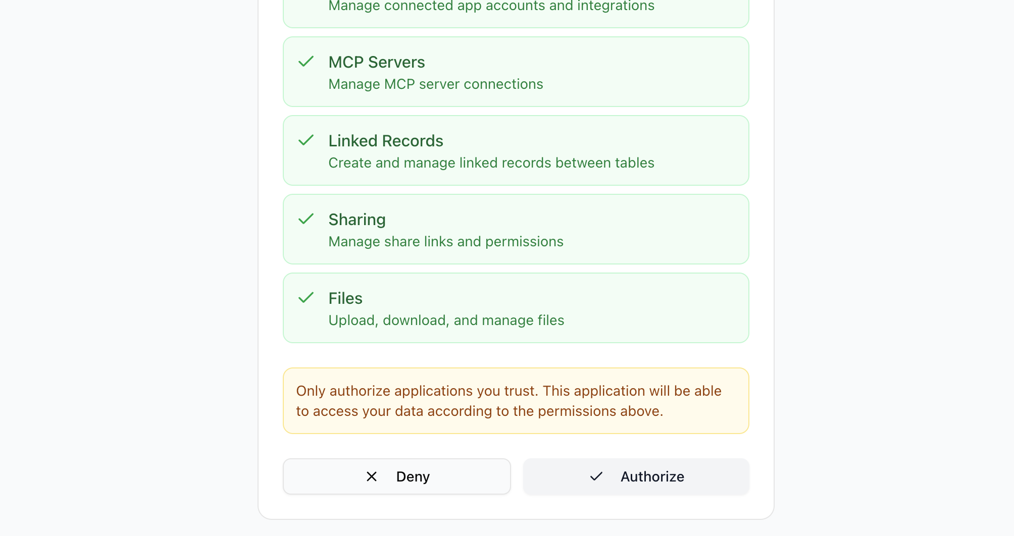 OAuth authorization page showing Serenities AI permissions including Sites, Flows, MCP Servers, and Files with Authorize button