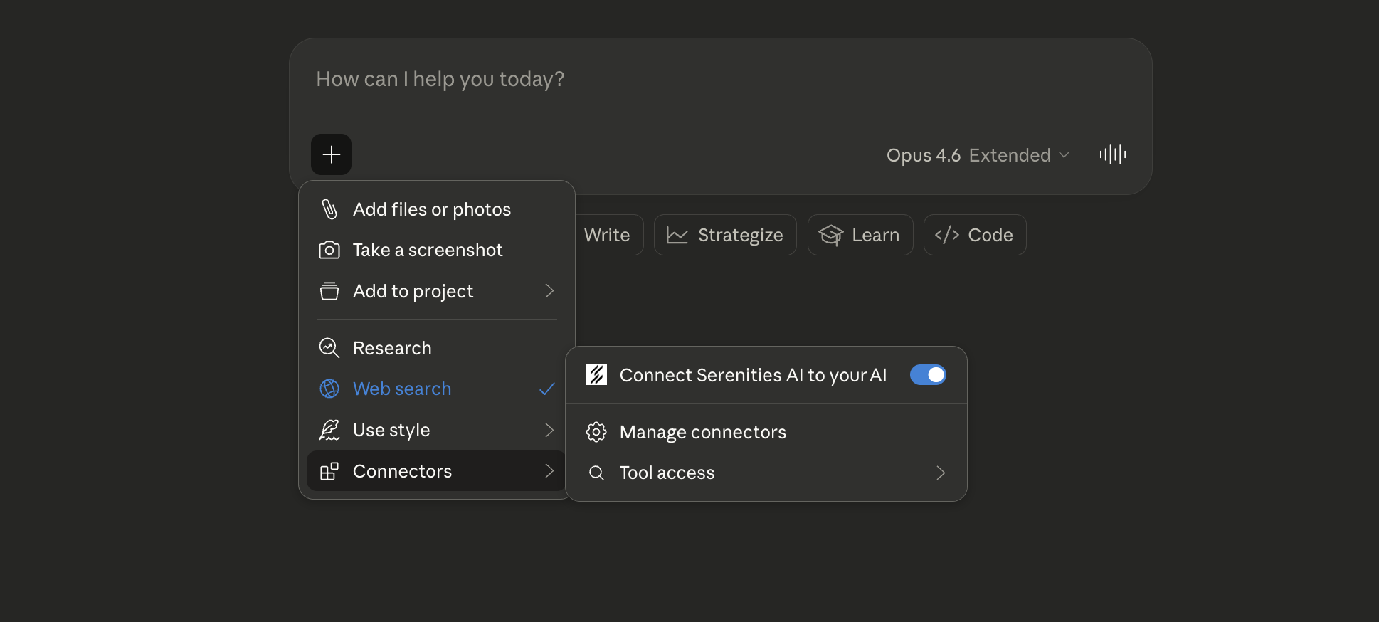 Claude chat showing the + menu with Connectors option and Manage connectors submenu