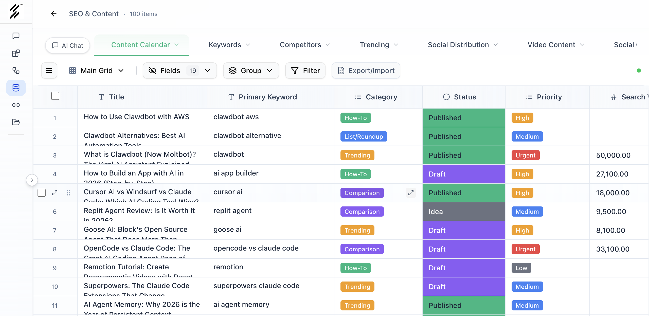Base — business data in a spreadsheet-style grid with typed columns