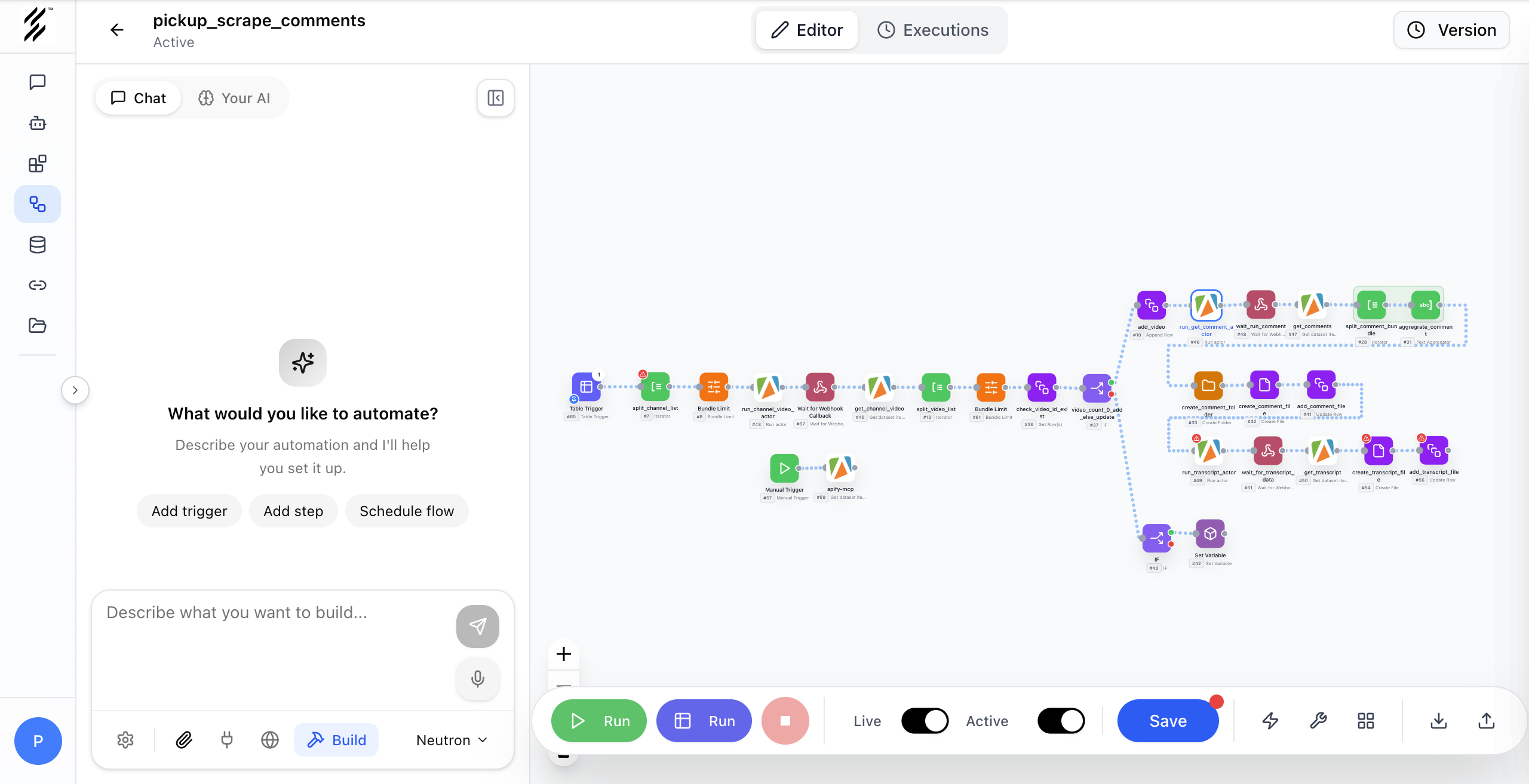 The Flow editor — a visual workflow canvas with connected automation nodes
